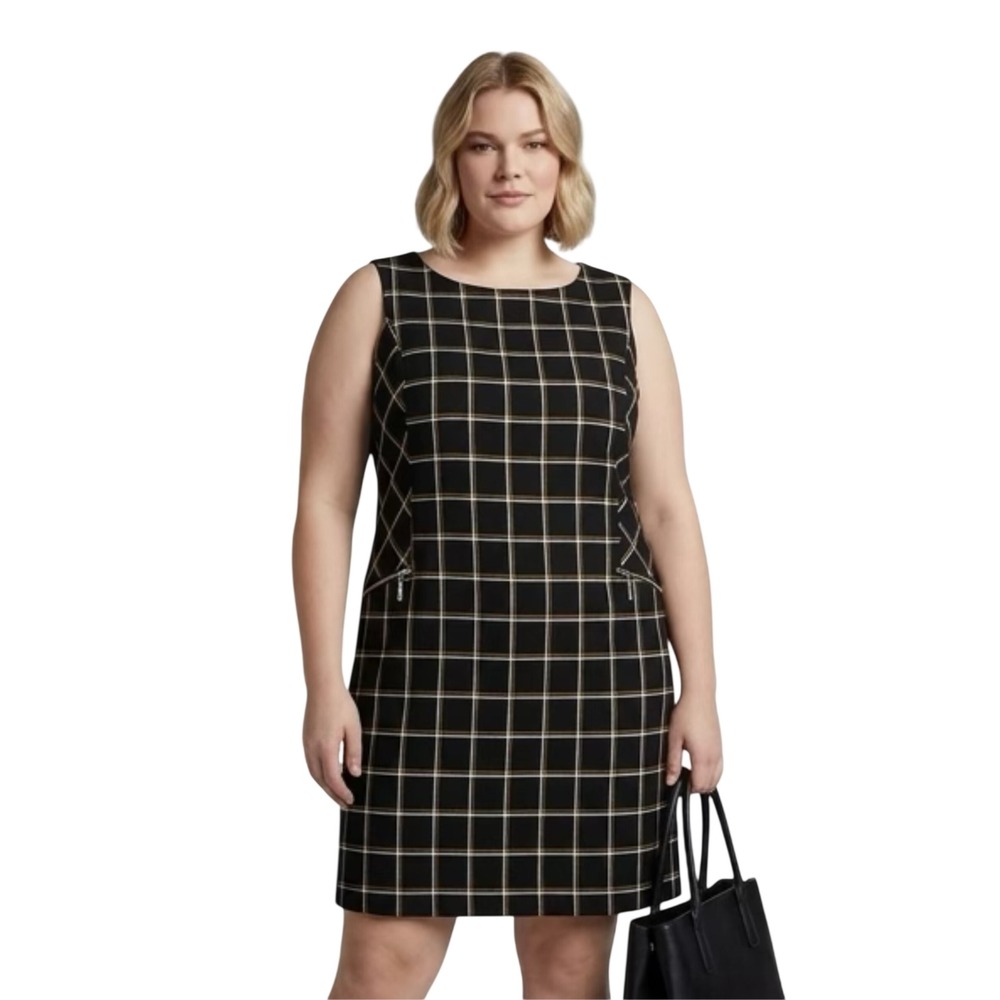 Long Tall Sally Black Plaid Sleeveless Shift Dress with Zipper Pockets 14 Tall
